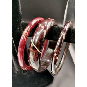 Bakelite Bangled Bracelets 3 Pc Cherry Red Tortoiseshell Rhinestone Wire Inlay